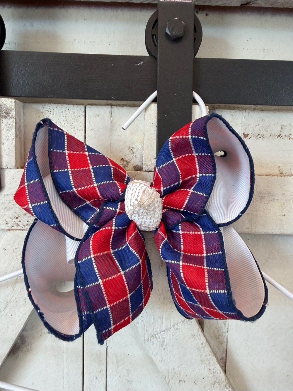 Kids Plaid Hair Bow - Navy & Red